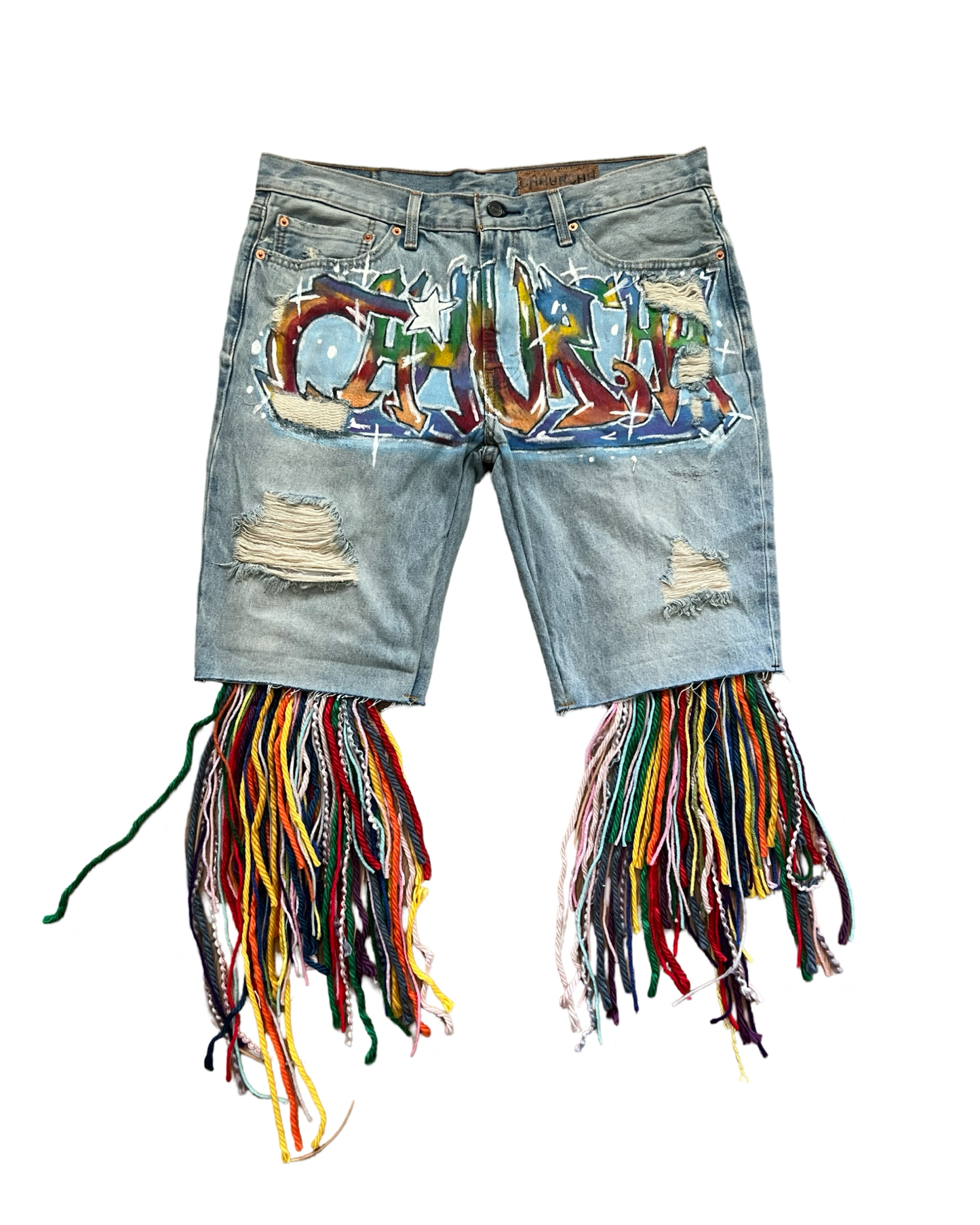 Light Wash Graffiti Aux Shorts